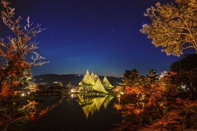 秋の兼六園ライトアップの様子(栄螺山から撮影)